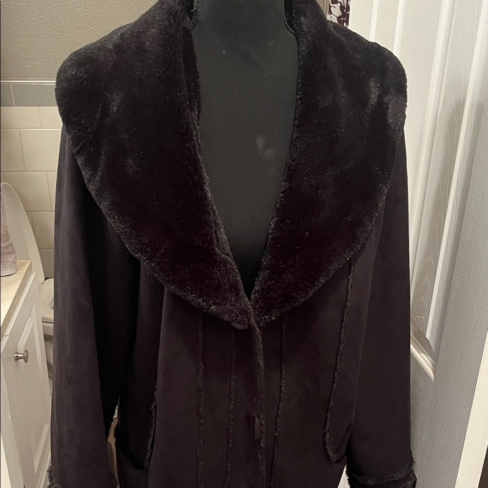 Dennis Basso Black Faux Fur Relaxed Fit Coat